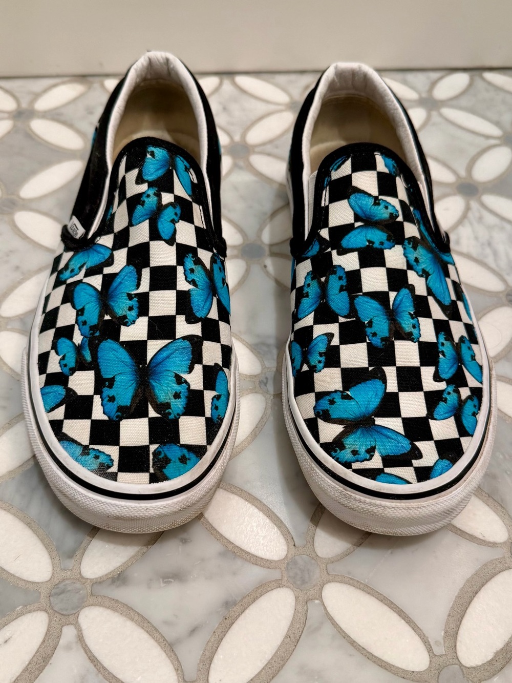 Vans Classic Checkerboard Blue Butterfly Slip-On Sneakers 9 W / 7.5 M Skate Shoe
